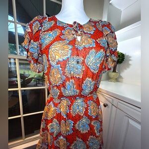 Anthropologie THML Floral Blue Orange Midi Dress Flutter Sleeves Size Medium M